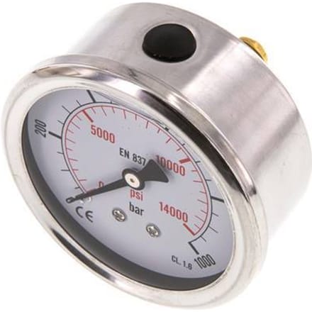 0..1000 Bar Glycerine Manometer Achteraansluiting RVS/Messing 63 mm Klasse 1.6 - ML0100063SHG