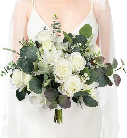 Rinlong Wedding Bouquets for Bride White Sage Green Bridal Bouquet for Wedding Artificial Flowers Silk Bouquet Wedding Ceremony