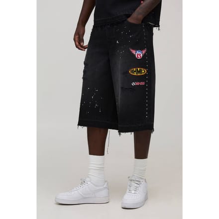Gewassen Moto Badge Longline Jorts | Washed Black | Size 32