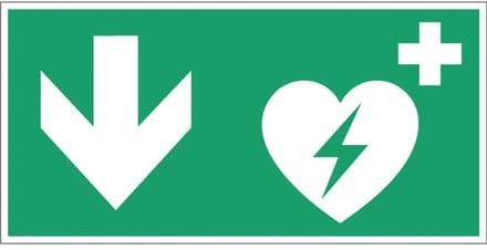 AED pijl beneden bord – E010 | gecoat dibond materiaal | 20 x 10 cm