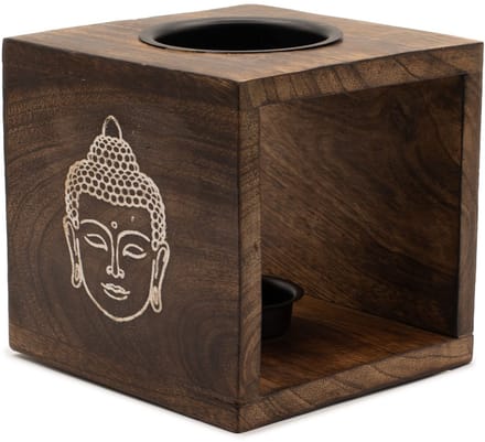 Large Square Mango Wood Oil Burner- Buddha Face