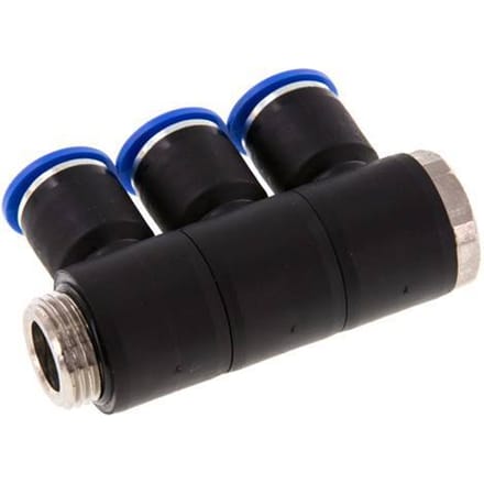12mm x G1/2'' 3-way Manifold Messing/PA 66 Insteekfitting Buitendraad Draaibaar NBR
