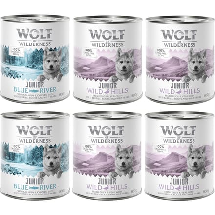 6 x 800 g Wolf of Wilderness Mixpakket Junior 4x Eend & Kalf, 2x Kip & Zalm