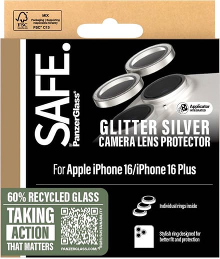 SAFE by PanzerGlass Camera Lens Protector geschikt voor Apple iPhone 16 / 16 Plus - Glitter Silver