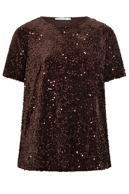 Yours London Chocoladebruin Fluwelen Tshirt Met Pailletten Size 48