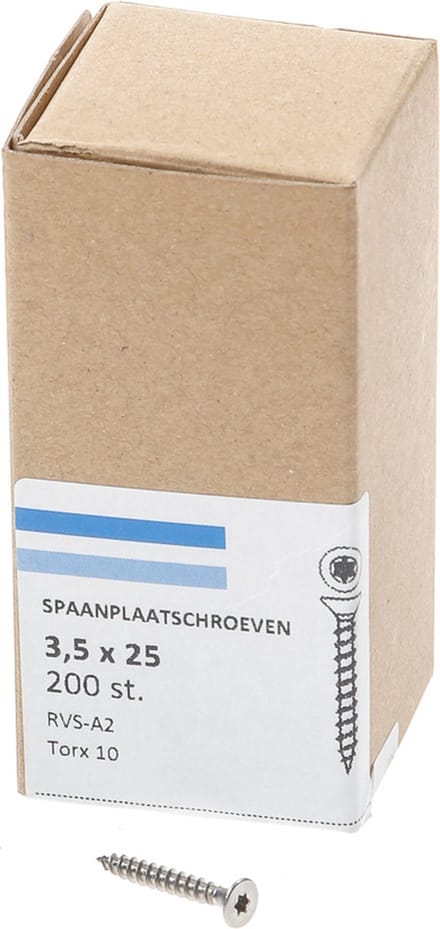 Hoenderdaal Spaanplaatschroef RVS platverzonken kop TX10 voldraad 3.5X25 (per 200 stuks)