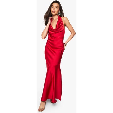 boohoo Dames Satijnen Halterneck Maxi-Jurk | Red | Maat: 16