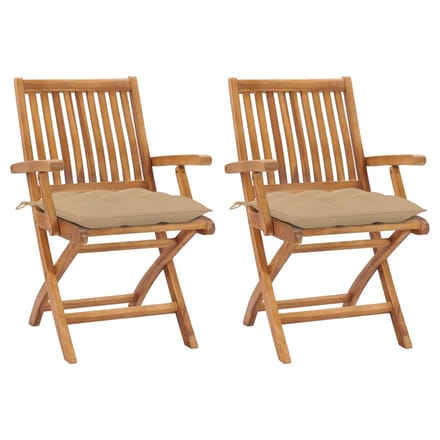 vidaXL - Inklapbare - stoelen - 2 - st - met - beige - kussens - massief - teakhout
