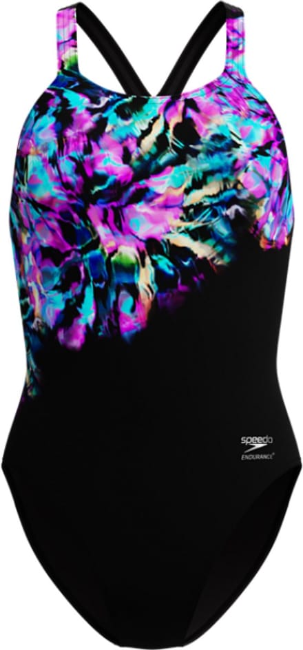 Speedo Dames Badpak Placement Printed Powerback Zwart/Blauw