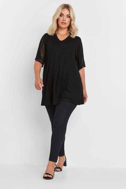 Yours Top Met Plooidetail En Korte Engelmouwen In Zwart Size 48
