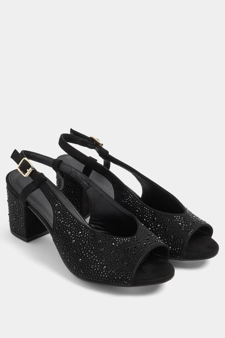Yours Zwarte Diamanten Open Teen Slingback Blokhak In Brede Epasvormsize 42E