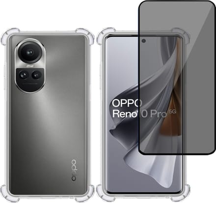 Hoesje + Privé Screenprotector geschikt voor OPPO Reno 10 Pro – Privacy Tempered Glass - Case Transparant