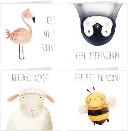 4x Beterschapskaarten / wenskaarten / set kaarten en enveloppen | Beterschap | dieren