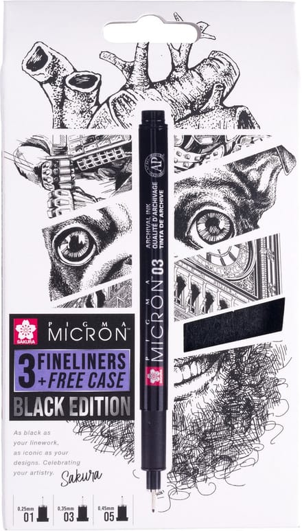 Fineliner Sakura Pigma Micron Black Edition Set mit 3 Breiten + gratis Etui