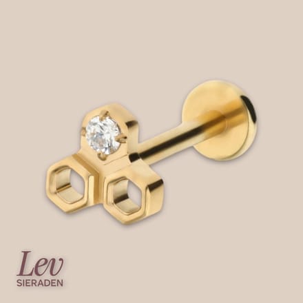 Lev Sieraden - Goud kleur - Titanium Push Pin Labret piercing - honingraat en steen - oor - lip - piercing