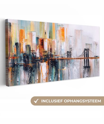 Canvas - Olieverf - Schilderij - Abstract - Skyline - Brug - 160x80 cm - Woondecoratie - Wanddecoratie
