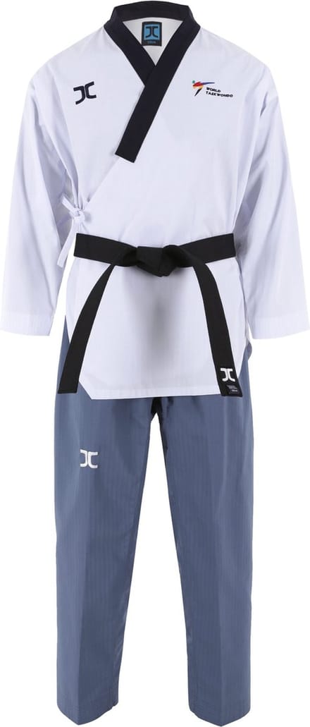 JCalicu poomsae dan taekwondopak voor dames | WT | Wit / Blauw (Maat: 210)