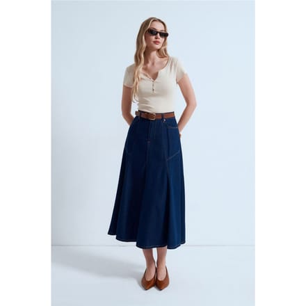 Hoge Taille Midi A-Lijn Denim Rok