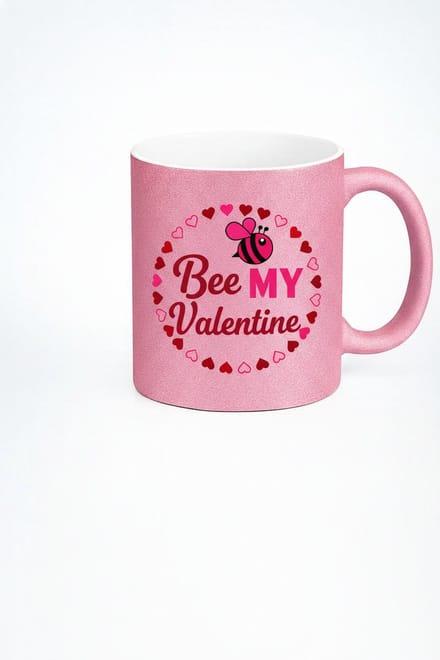 Roze Glitter Mok 'Bee MY Valentine' - Liefdevol Valentijnscadeau met Bij en Harten