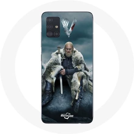Coque pour Samsung Galaxy A71 Vikings Série Saison 6 Ragnar Lothbrok logo V Epée Gris Fond Brouillar