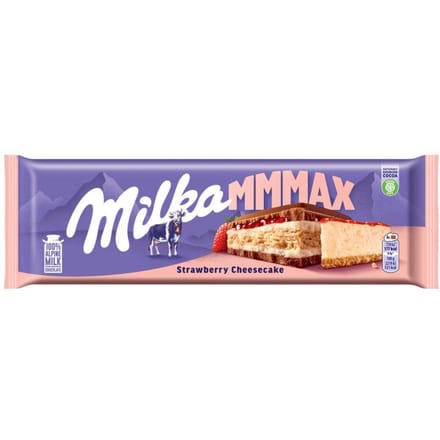 Milka Mmmax Koekje met cheesecakevulling en aardbeienvulling in melkchocolade 300 g