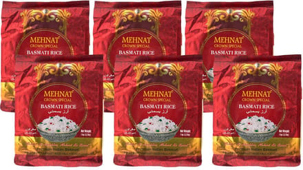 Mehnat | 6 x 1 kg Basmati rijst | Premium Indian Basmati rice | 6 kg | multipack