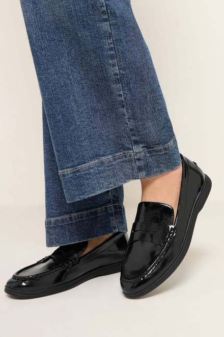 Yours Zwarte Imitatieleer Flatform Loafers In Brede Epasvormsize 41EEE