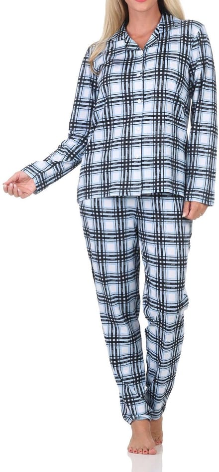 Normann dames jersey pyjama lange mouw knoopsluiting in ruitlook - ook in grote maten