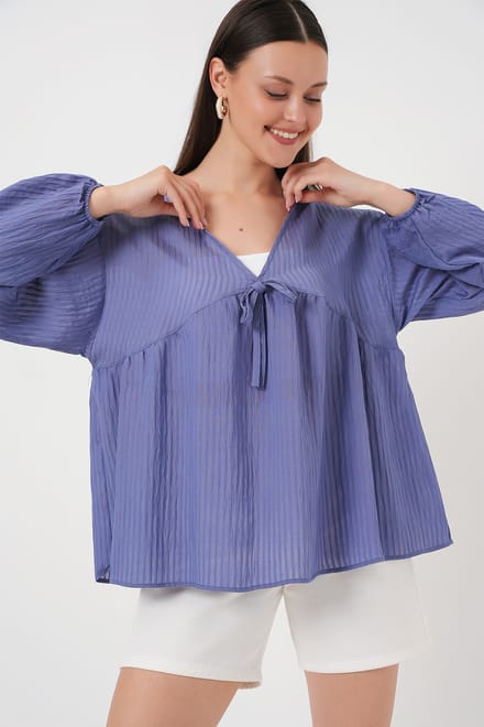 Gestructureerde Seersucker V-hals Blouse met Strik