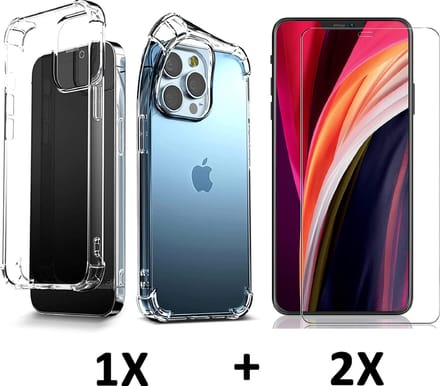 HB Hoesje Geschikt voor Apple iPhone 13 Pro Max - Transparant / 2X Glazen Screenprotector - Extra Stevig Anti-Shock Hybrid Back Cover
