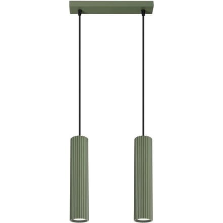 Hanglamp KARBON 2 met 2 geribbelde buiskappen in lijn - Sollux Lighting - IP20 - Olijfgroen aluminium behuizing - 30 x 6.5 x 90 cm - 2 x GU10 LED, exclusief lichtbron - 2 x 10 W - Minimalistische hanglamp voor gang, hal en slaapkamer