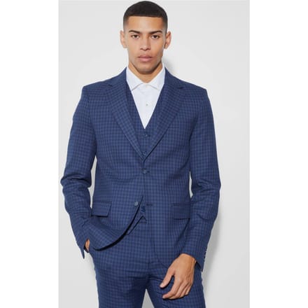 Single Breasted Slim Check Suit Jacket | Navy | Size 52