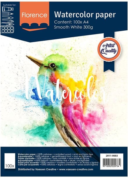 Aquarelpapier - Intense White - A4 - 300 grams - Gladde Structuur - Smooth - Florence - 100 vellen