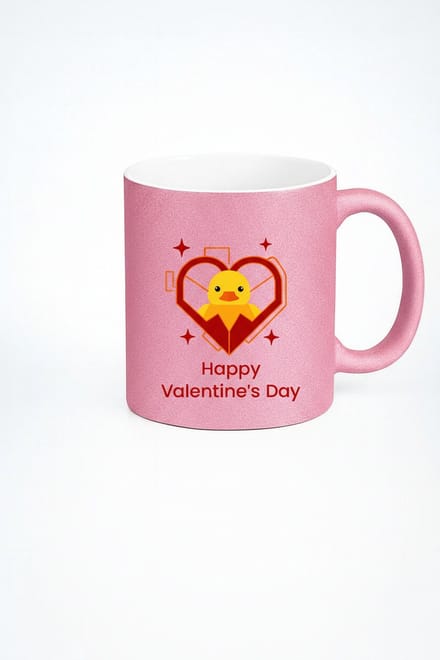 Roze Glitter Mok 'Happy Valentine's Day' met Lief Eendje & Hart - Valentijnsdag Cadeau
