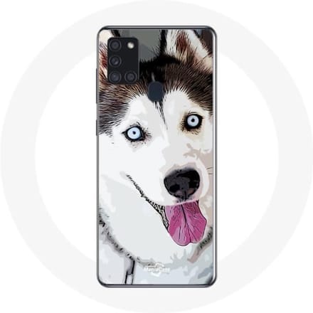 Samsung Galaxy A21S Hoesje Witte Siberische Husky Blauwe Ogen wit