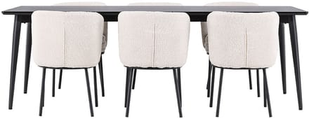 Ellis eethoek tafel 85x230cm en 6 bouclé stoelen zwart.