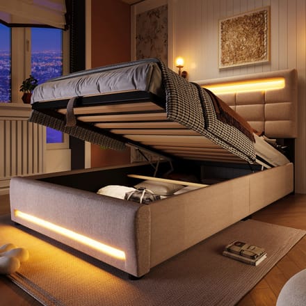 Gestoffeerd Bed 90x200 cm - Hydraulisch Opbergbed Met LED En App - Linnen - Beige