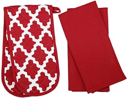 Ovenschothandvat en Theedoek Set - 3 Delig Katoen, Diamant Rood