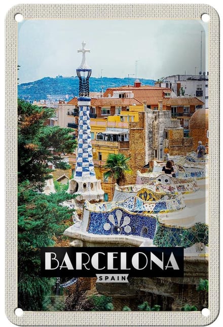 Blechschild Reise 12x18cm Barcelona Spain Spanien Panorama Schild
