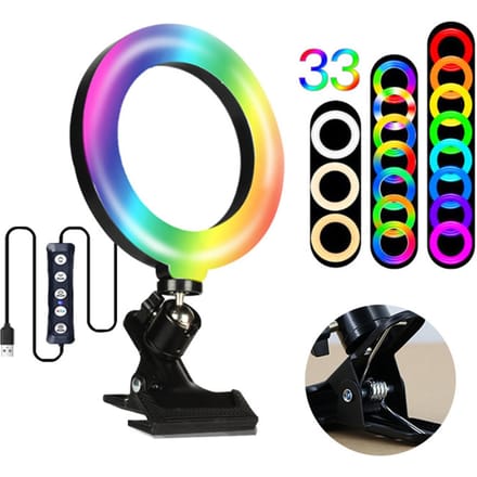 Lumière Annulaire Selfie LED RGB 6 pouces avec Pince Alimentée par USB 3 Températures de Couleur Changeantes/ Différentes noir
