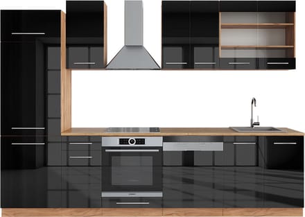 Vicco Fame-Line Complete keukeneenheid – 300 cm, WB Eik Antraciet hoogglans/goud eiken