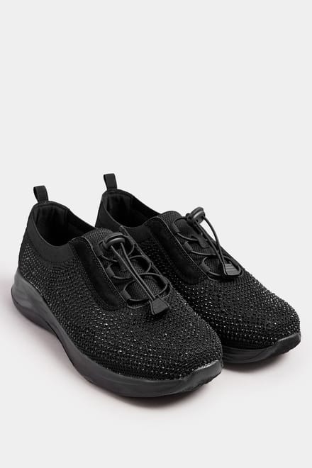Yours Zwarte, Met Diamantjes Versierde Trekkoordsneakers In Extra Brede Eeepasvormsize 37EEE
