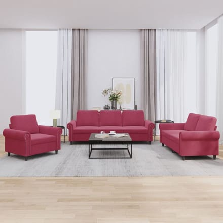 vidaXL 3-delige Loungeset met kussens fluweel wijnrood