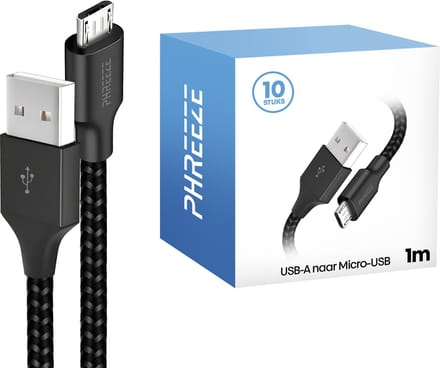 Grootverpakking micro usb kabels - 1m, nylon, stevig, zwart - Phreeze