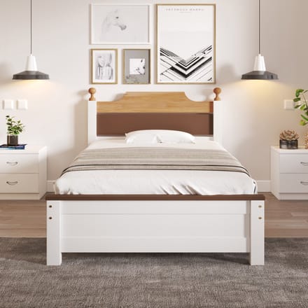 Houten bed - 90x200 cm - Eenpersoonsbed met Middelpoot - Colour-blocking Design - Grenenhout - Wit