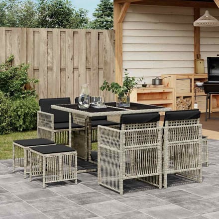 vidaXL - 9-delige - Tuinset - met - kussens - poly - rattan - lichtgrijs