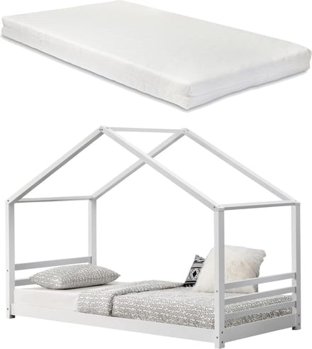 Kinderbed Vardo grenen huisbed met matras 200x90 cm wit
