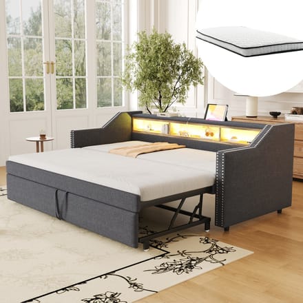 MODFU - Slaapbank – Uitschuifbaar 90/180x190 cm – Met 2 matrassen & USB – Donkergrijs