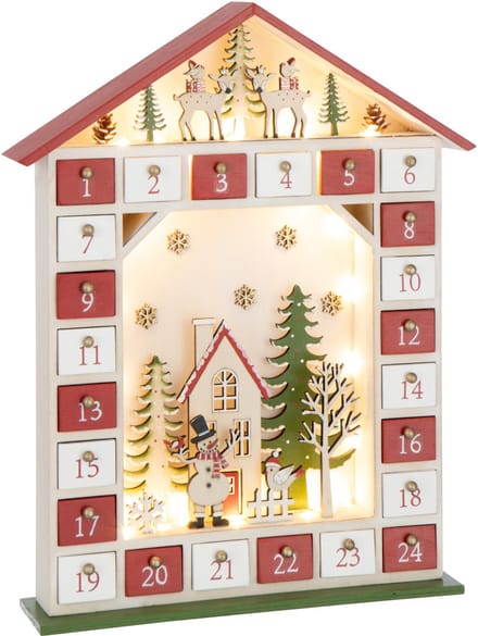 J-Line decoratie Huis Adventskalender - multiplex - rood/wit - LED lichtjes