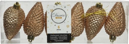 Decoris Kersthangers dennenappels - 6x - toffee bruin - glitter - 8 cm - kunststof - kerstversiering